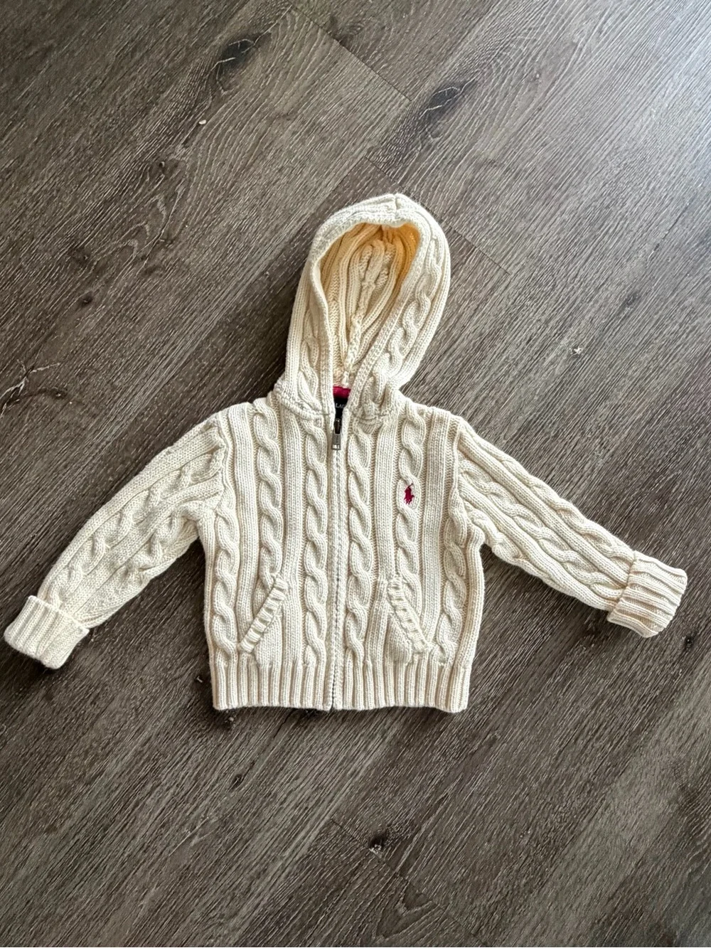 Ralph Lauren Cream Cable-Knit Hooded Zip Cardigan with Pink Pony